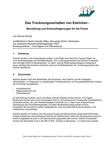 Das Trocknungsverhalten von Estrichen - IBF Troisdorf