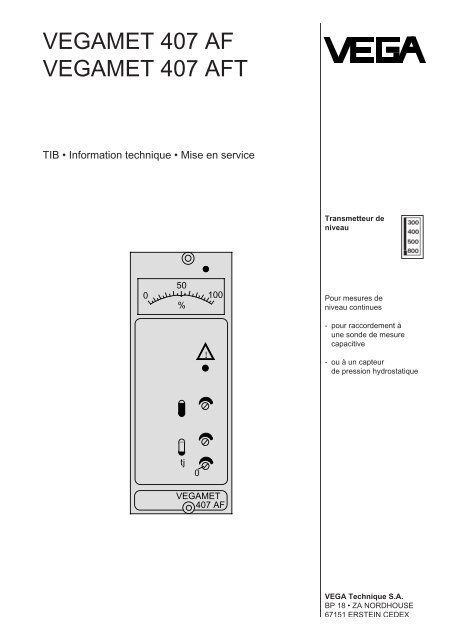 TIB - Information technique - Mise en service - VEGAMET 407 AF ...