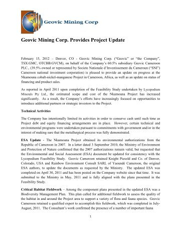 Geovic Mining Corp. Provides Project Update
