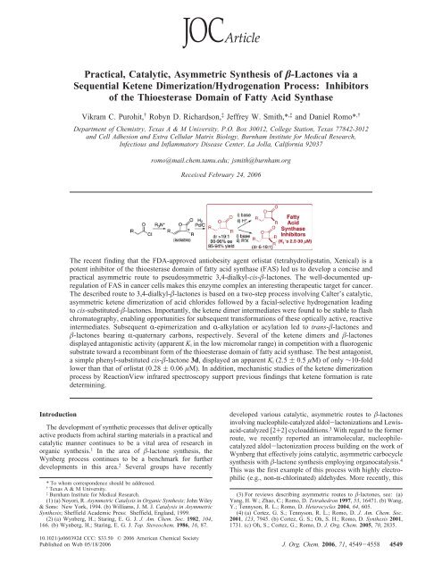 Practical, Catalytic, Asymmetric Synthesis of Î²-Lactones via a ...