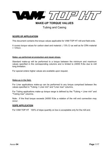 MAKE-UP TORQUE VALUES Tubing and Casing - VAM Services