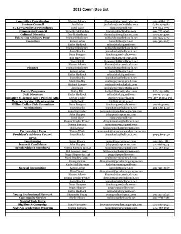 A Complete List of 2013 Committee Contact Information.