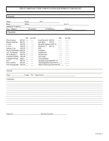 PILOT/AIRCRAFT DOCUMENTATION/EQUIPMENT CHECKLIST