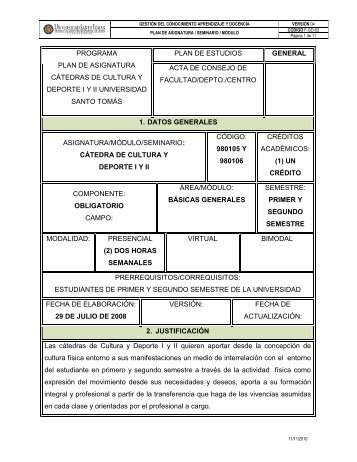 programa plan de asignatura cÃ¡tedras de cultura y deporte iy ii ...