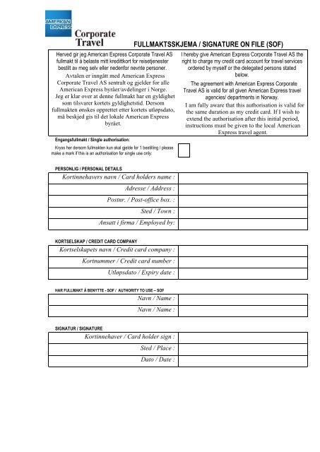 fullmaktsskjema / signature on file (sof) - American Express Global