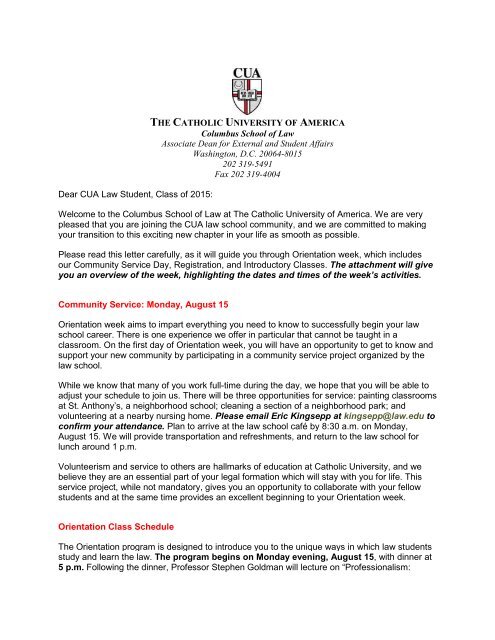 Letter from Dean Duffy - Columbus School of Law