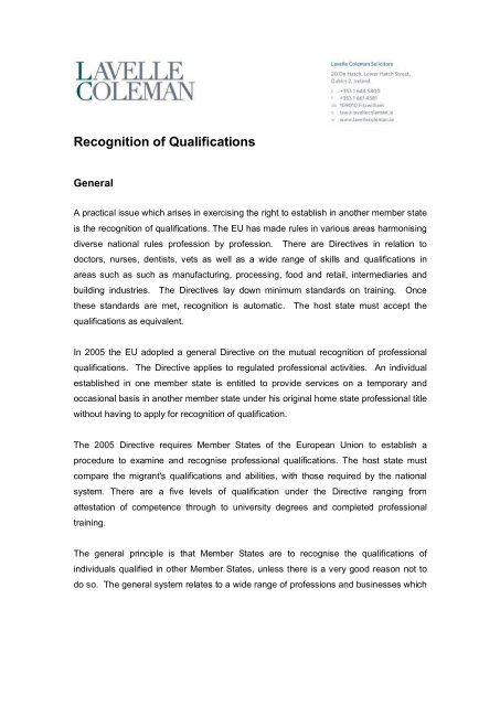 Recognition of Qualifications - Lavelle Coleman