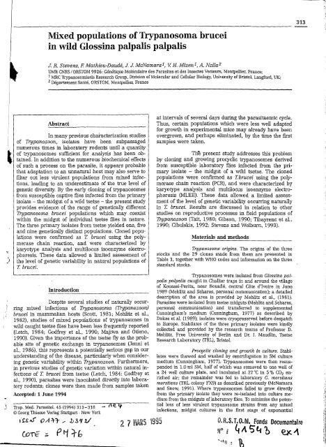 Mixed populations of Trypanosoma brucei in wild Glossina palpalis ...