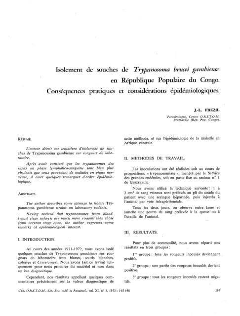 Isolement de souches de Trypanosoma brucei gambiense en ...