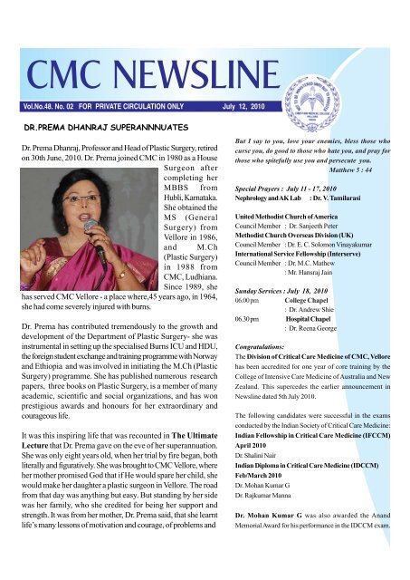 Dr Prema Dhanraj Superannnuates Christian Medical College