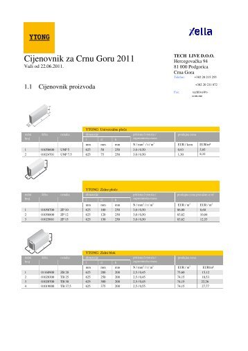 Cijenovnik za Crnu Goru 2011 - Ytong