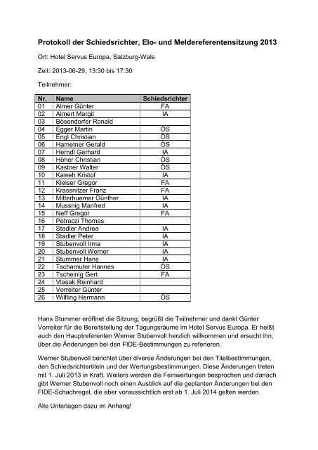 Protokoll der Schiedsrichter, Elo- und Meldereferentensitzung 2013