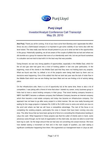 Punj Lloyd Q4 & FY10 Investor and Analyst Meet ... - Punj Lloyd Group