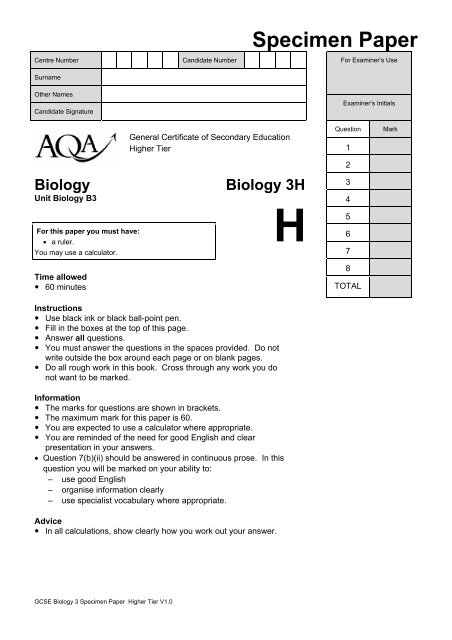 GCSE Biology Specimen Question Paper Higher Specimen ... - AQA