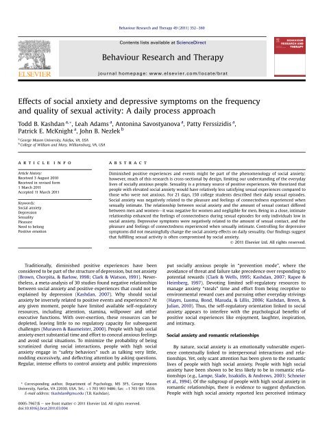 Effects of social anxiety and depressive symptoms ... - ResearchGate