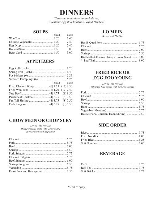 Dinner Menu - China House - Chinese Restaurant