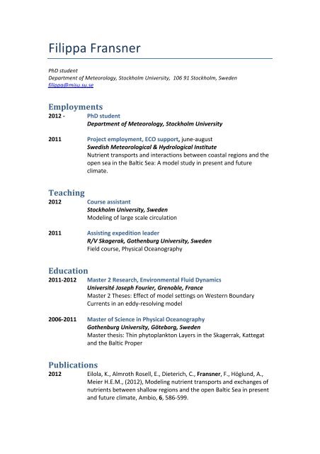 CV - Filippa Fransner - Department of Meteorology