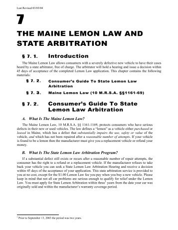 THE MAINE LEMON LAW AND STATE ARBITRATION - Maine.gov