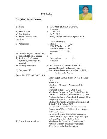 Dr. (Mrs.) Sarla Sharma - Pt. Ravishankar Shukla University, Raipur