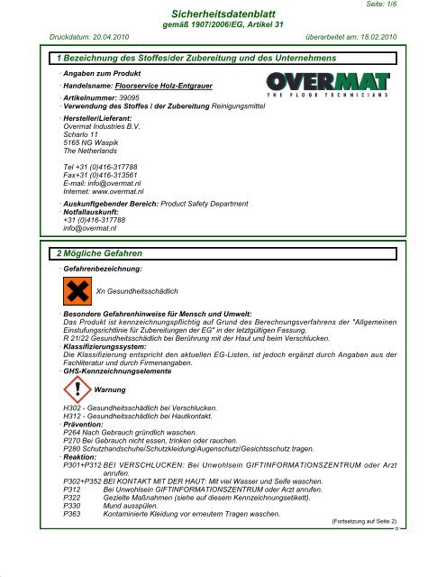 Sicherheitsdatenblatt - Parkett Wanke â¢ Bodenpflege und