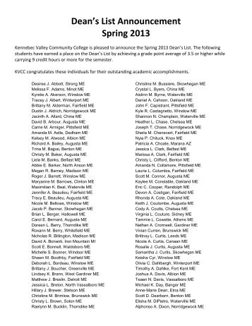 Current Dean's List - Kennebec Valley Community College