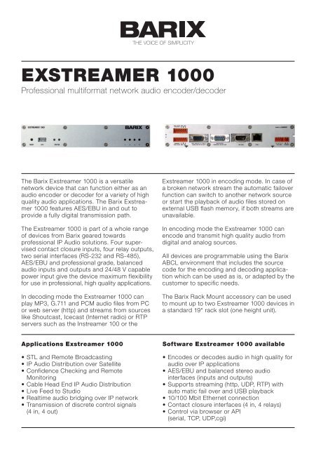 Product Sheet Exstreamer 1000 V30 (PDF) - Barix