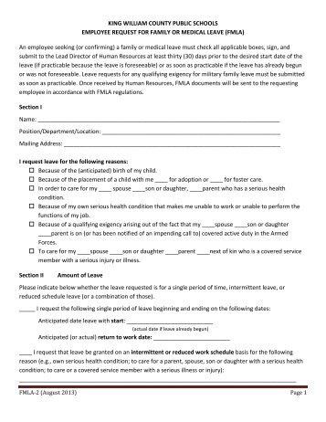 FMLA Employee Request Form - King William County Public Schools