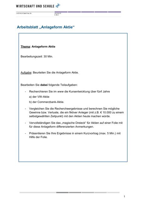 Arbeitsblatt A A Azanlageform Aktiea A Aœ Wirtschaft Und Schule