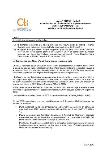 Avis ENSAM Paristech - Commission des Titres d'IngÃ©nieur