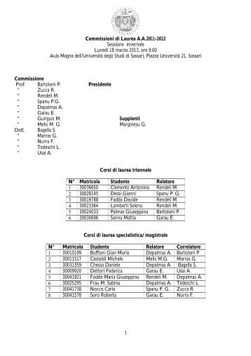 Calendario esami di laurea - Università degli Studi di Sassari