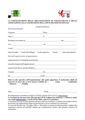 scarica il modulo di iscrizione e questionario - Provincia di Mantova