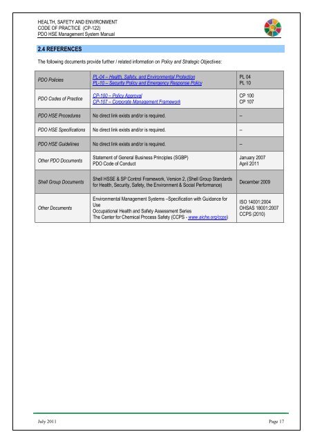 CP-122 HSE Code of Practice - PDO