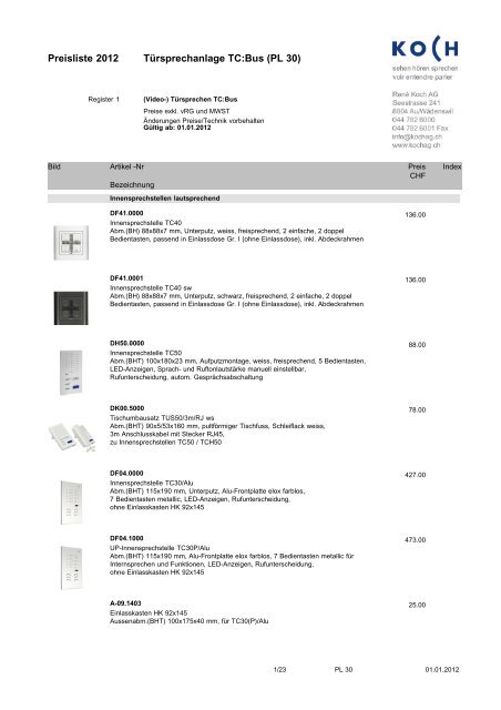 Türsprechanlage TC:Bus (PL 30) gültig ab 01.2012 - Rene Koch AG