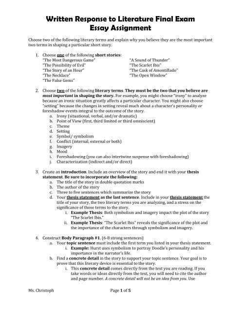 Easy Persuasive Essay Topics For High School Essay With Thesis also English Essays Book Written Response To Literature Final Exam Essay Assignment The Yellow Wallpaper Essay