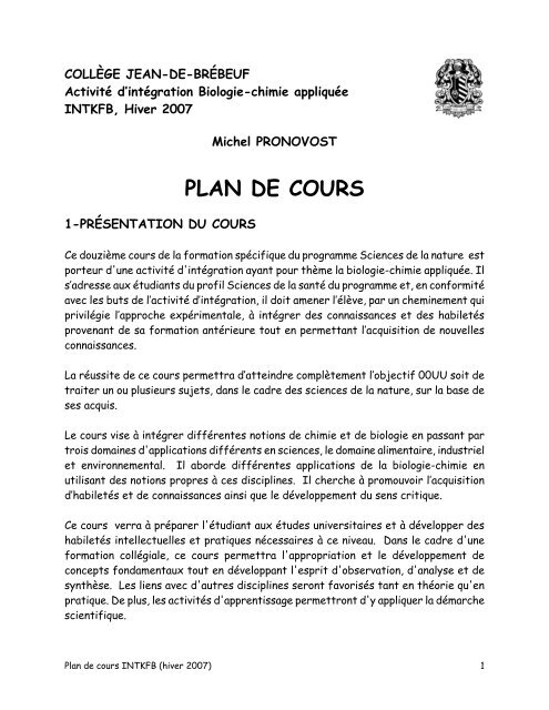 PLAN DE COURS - Site de Michel Pronovost - Profweb