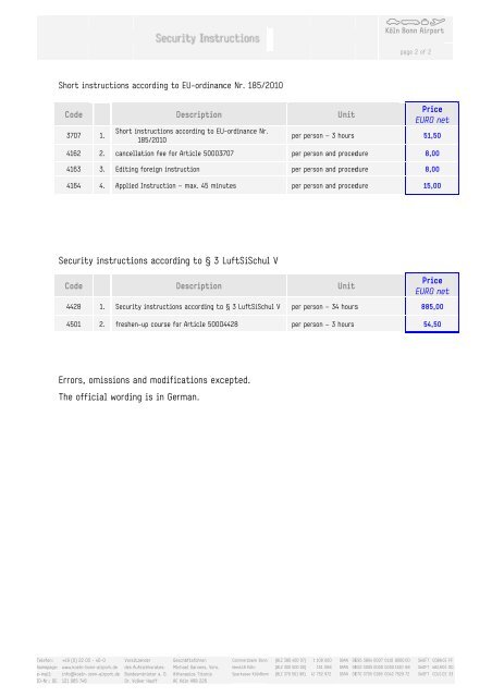 List of Fees Cologne Bonn Airport