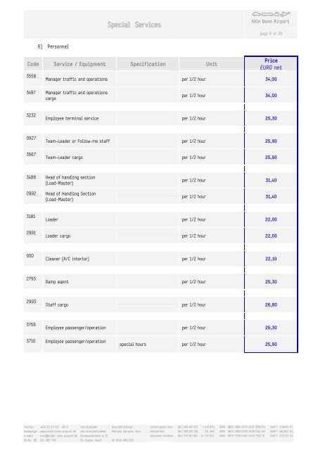 List of Fees Cologne Bonn Airport