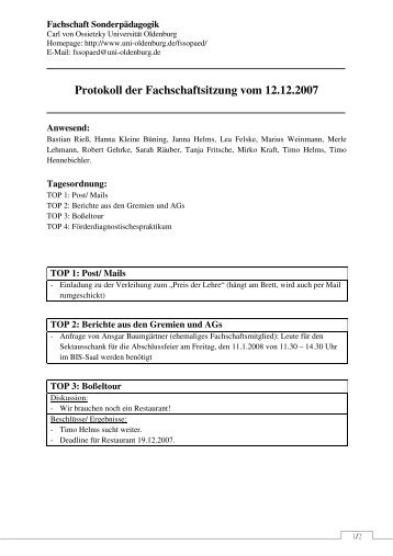 Protokoll der Fachschaft Sonderpädagogik 12.12.07