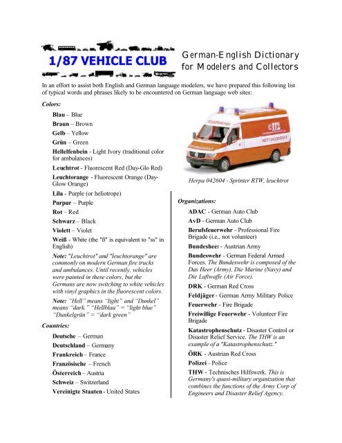 German-English Dictionary for Modelers and ... - 1/87 Vehicle Club