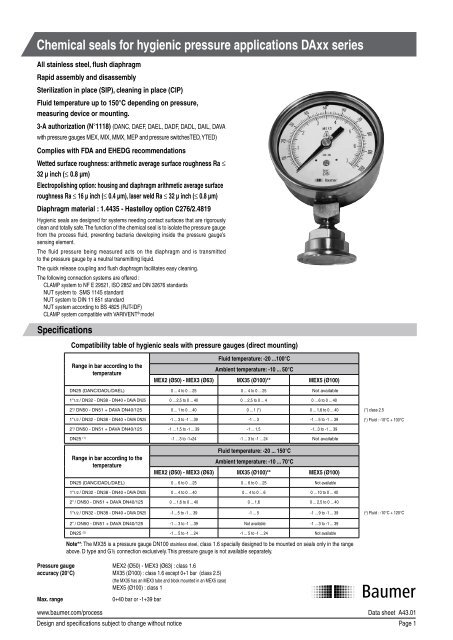 Chemical seals for hygienic pressure applications DAxx ... - Baumer