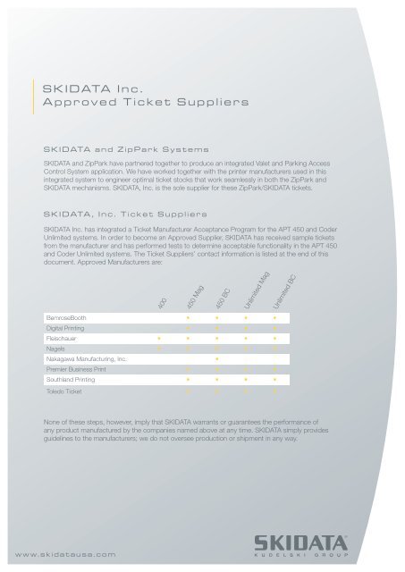 SKIDATA Inc. Approved Ticket Suppliers