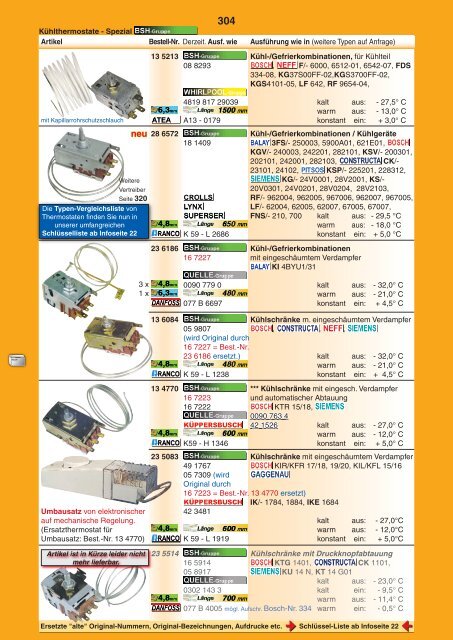 • Ersatzteile für Kühl-/Gefriergeräte • Zubehör Kältetechnik