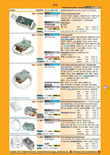 • Ersatzteile für Kühl-/Gefriergeräte • Zubehör Kältetechnik