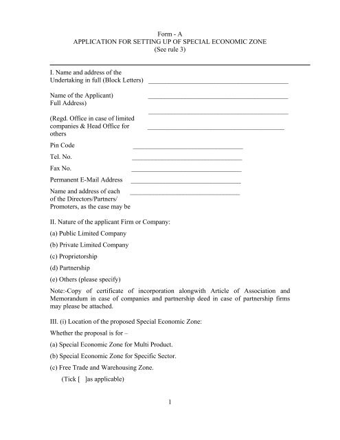 Form - A APPLICATION FOR SETTING UP OF SPECIAL ... - SEZ India