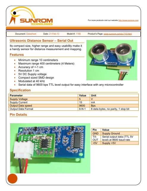 Ultrasonic Distance Sensor â Serial Out Features Specification Pin ...