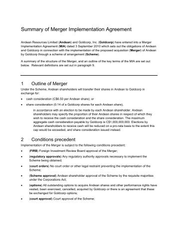 Summary of Merger Implementation Agreement - Goldcorp