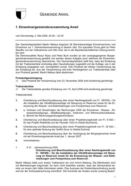 Protokoll GV 04.05.06 - Gemeinde Anwil