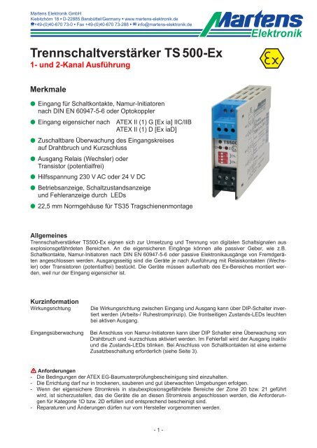 TrennschaltverstÃ¤rker TS500-Ex 1 - Martens Elektronik GmbH