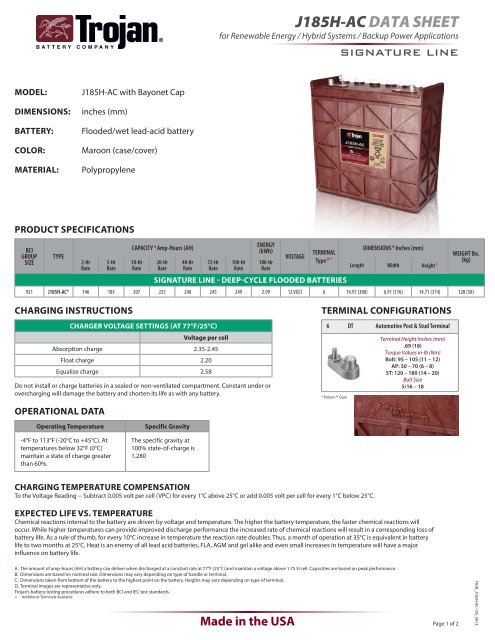 J185H-AC dAtA sHeet - Trojan Battery Company