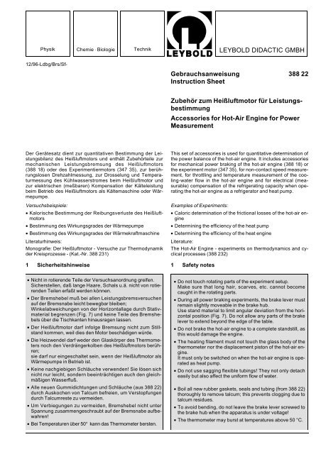 LEYBOLD DIDACTIC GMBH Gebrauchsanweisung 388 22 ...